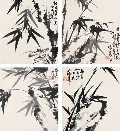 蒲华 墨竹 四屏